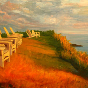 Monhegan Adirondacks sit on the hill over the harbor soaking in the Monhegan Island Sunset