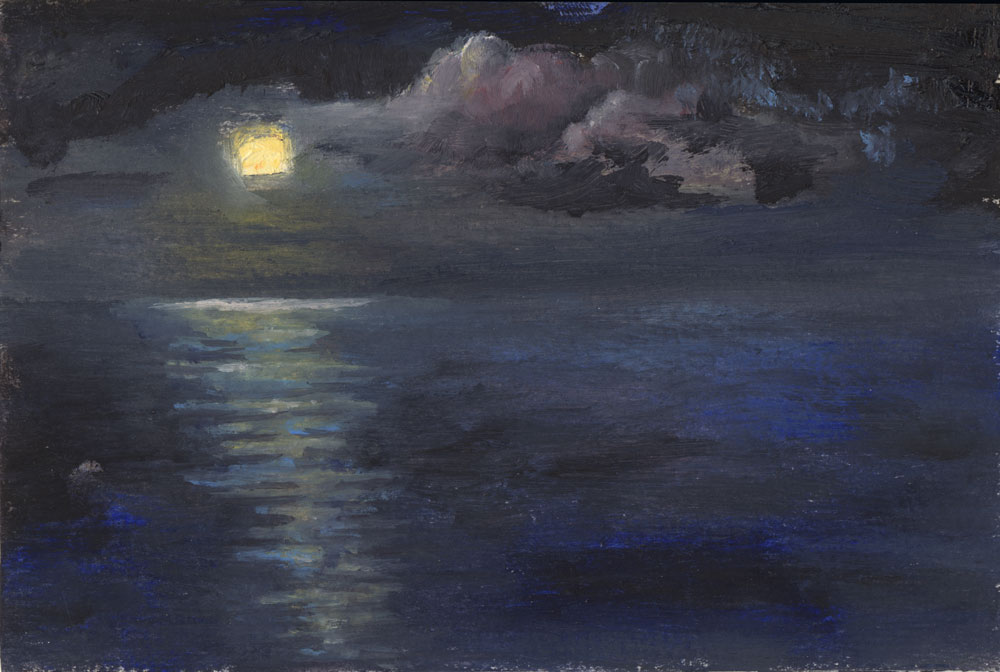 Puerto Rico painting, night with moon glow on clouds and sea