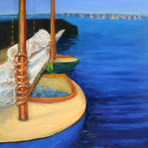 oil painting of catboat at the dock with orange and blue colors