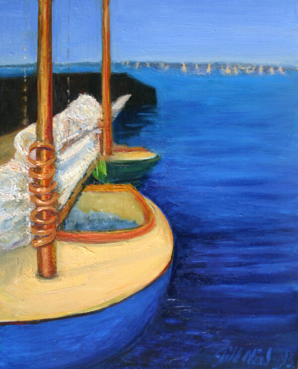 oil painting of catboat at the dock with orange and blue colors