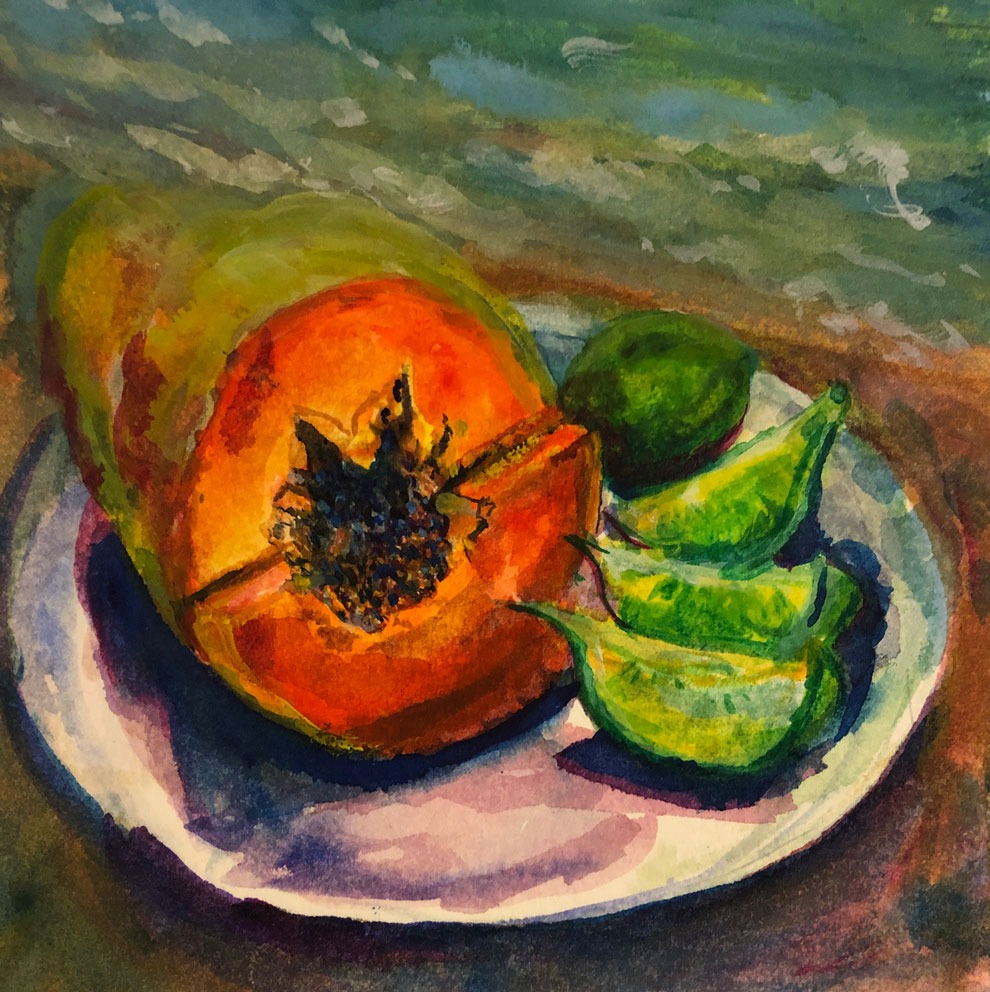 still life of papaya and lime in situ watercolor