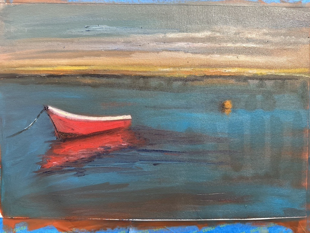 Red Boat in Southport Harbor oil painting en Plein air