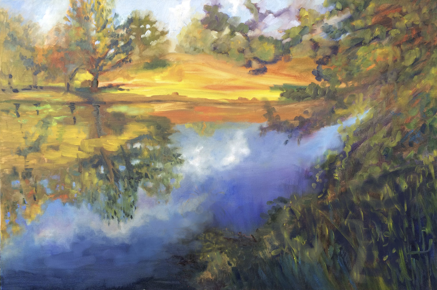 Reflections on a Pond in Summer, oil plein air painting