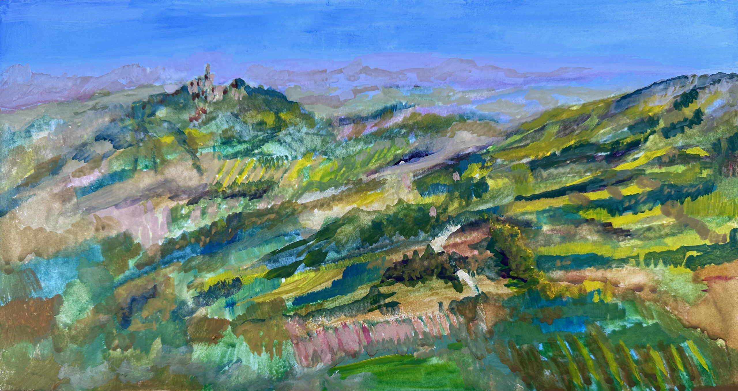 Gouache and watercolor plein air painting, view from rooftop in Monte Castello, Umbria, Italy