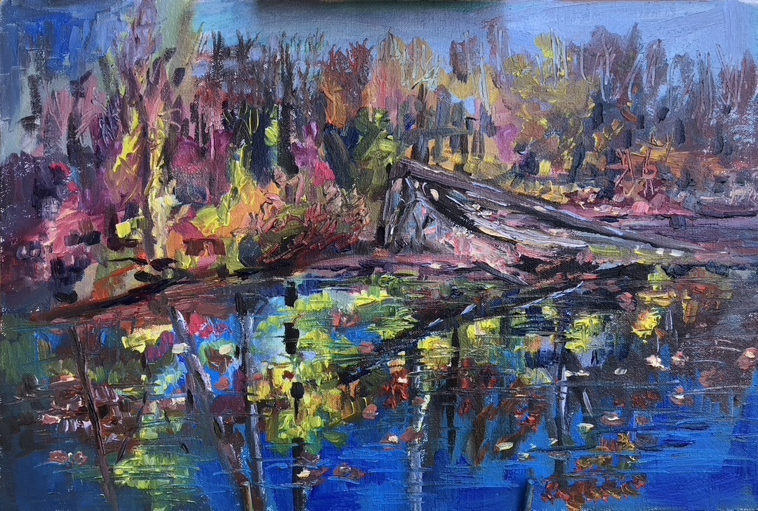 Bev's River 1, oil painting done en Plein air vibrant colors